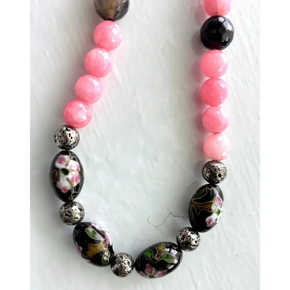 Pink & Black Beaded Necklace With Floral Cloisonné Beads & Silver Accents - Picture 3 of 7